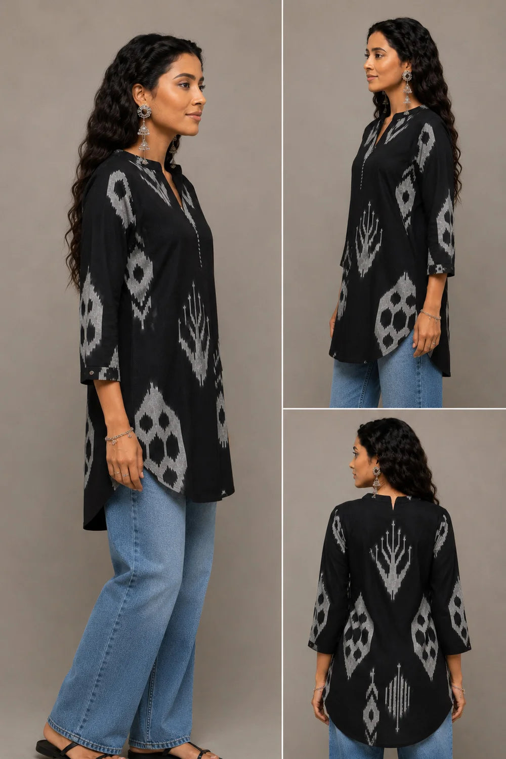 Handwoven Black Abstract Ikkat Short Kurta for Casual Wear