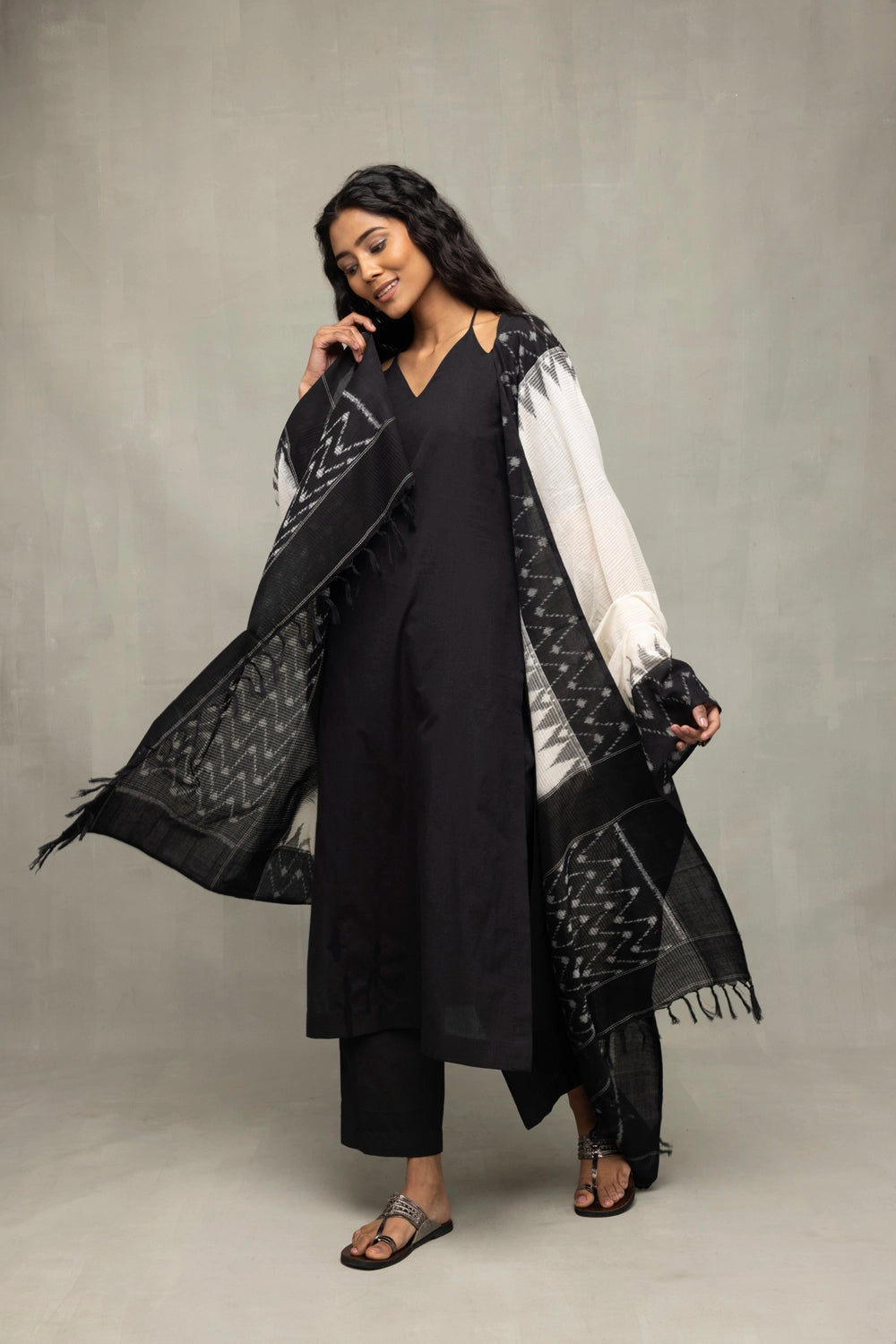 Handwoven Black Cotton Kurta Set with Traditional Ikkat Dupatta