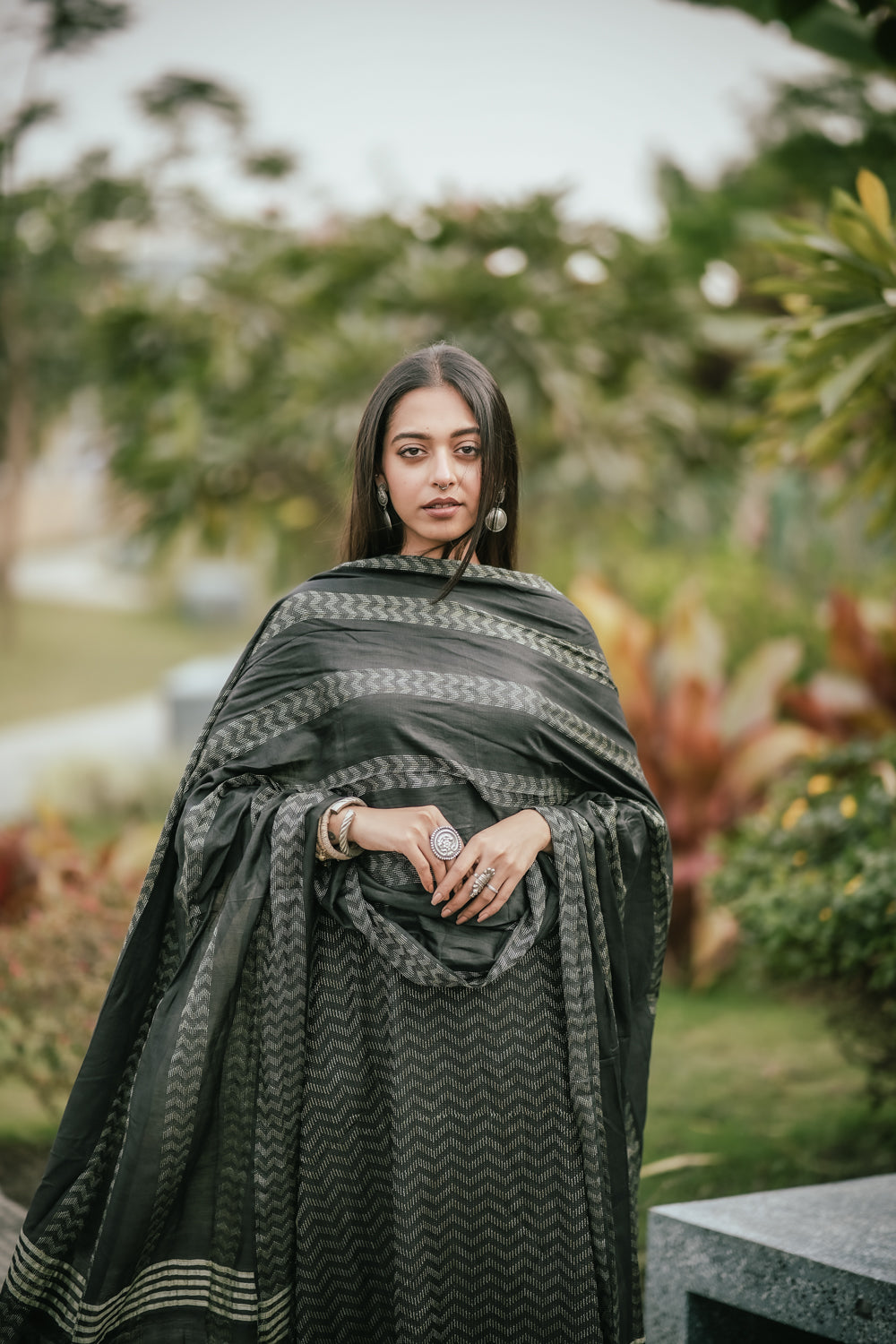 Handwoven Black Cotton Silk Kurta Set with Traditional Weave and Dupatta
