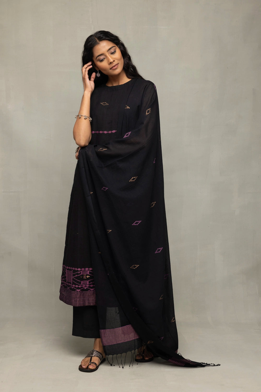 Handwoven Black Jamdani Kurta Set with Yantra Zari Motifs and Dupatta