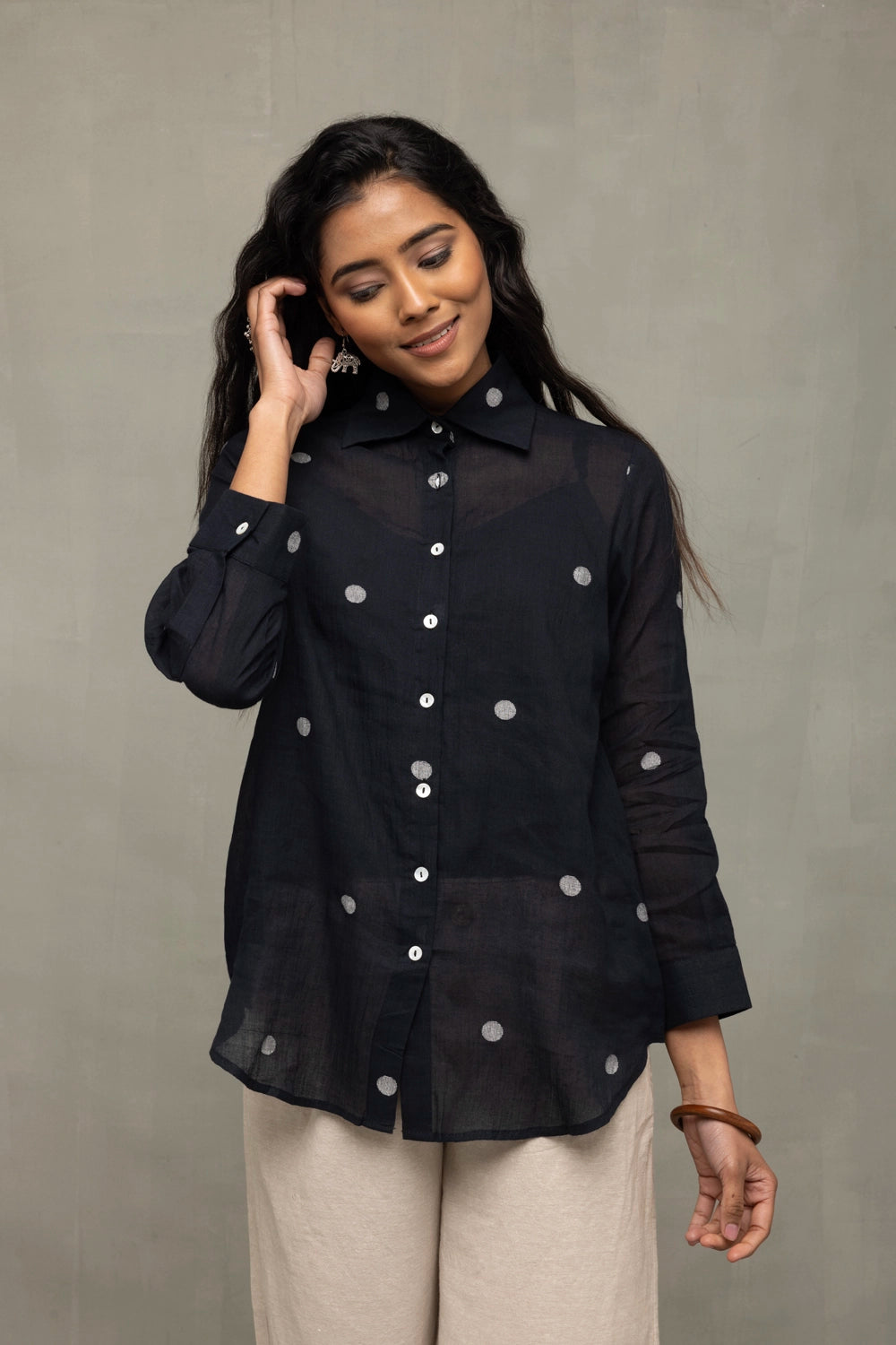 Handwoven Black Polka Dot Jamdani Shirt for Casual Everyday Wear