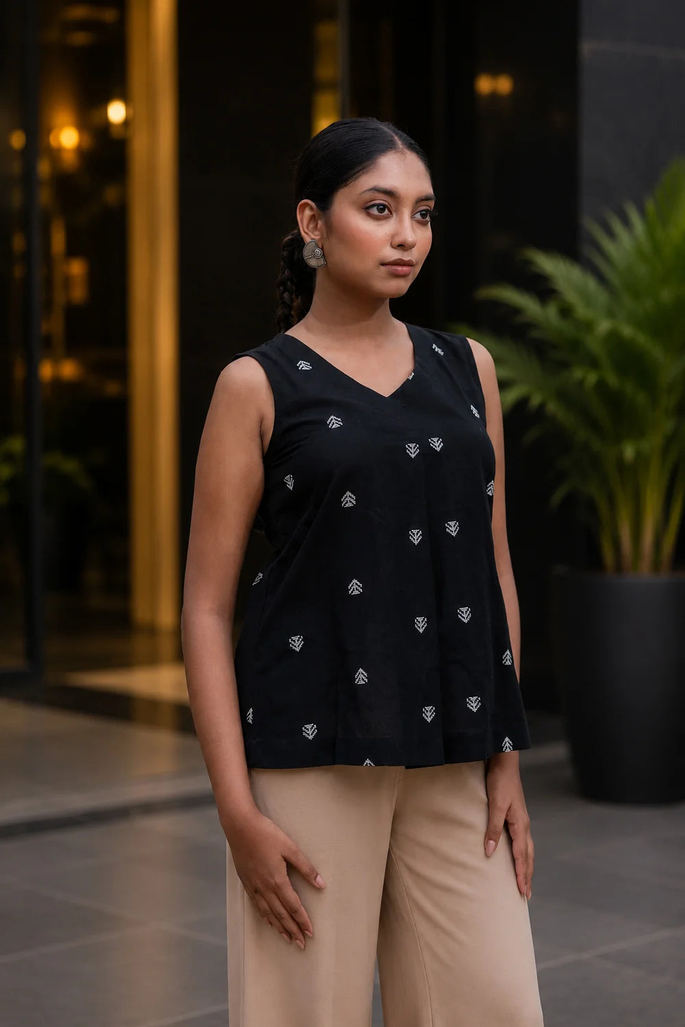 Handwoven Black and White Cotton Woven Top for Casual Everyday Wear