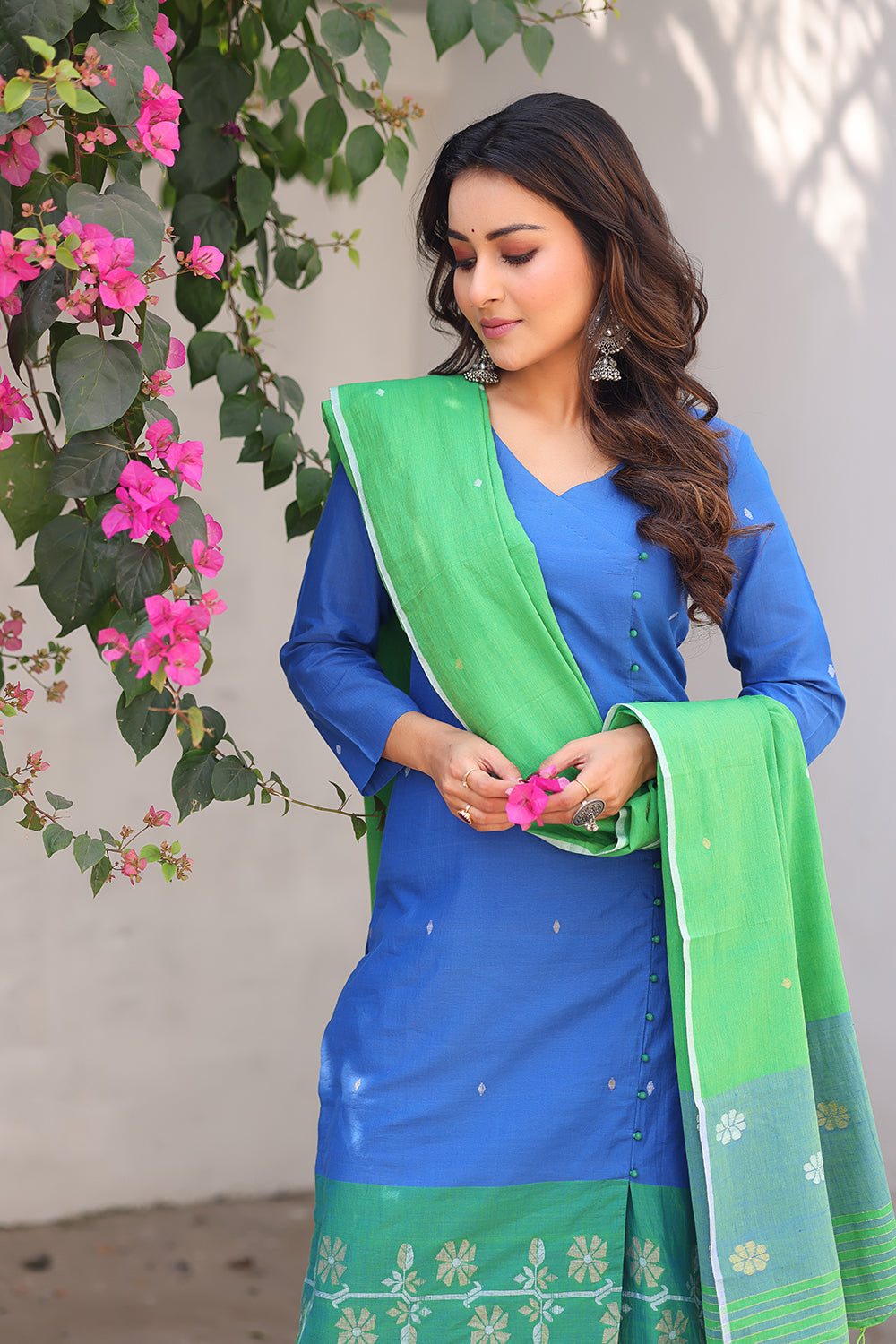 Handwoven Blue and Green Jamdani Kurta Set with Traditional Motifs and Dupatta