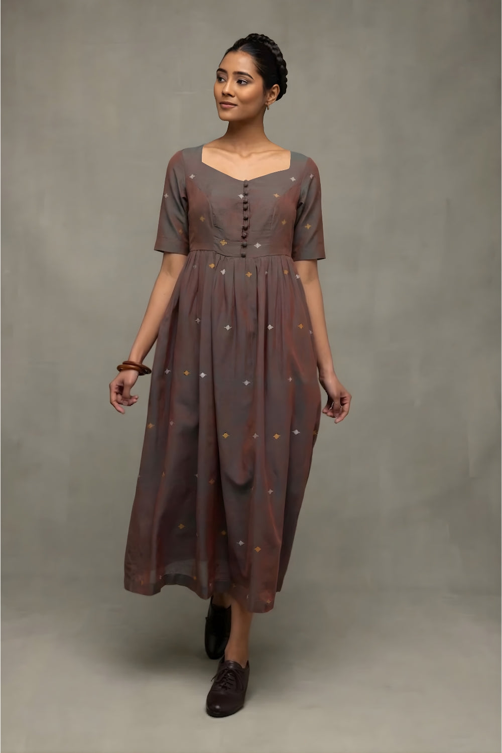 Handwoven Brown Duo Tone Jamdani Midi Dress with Traditional Motifs