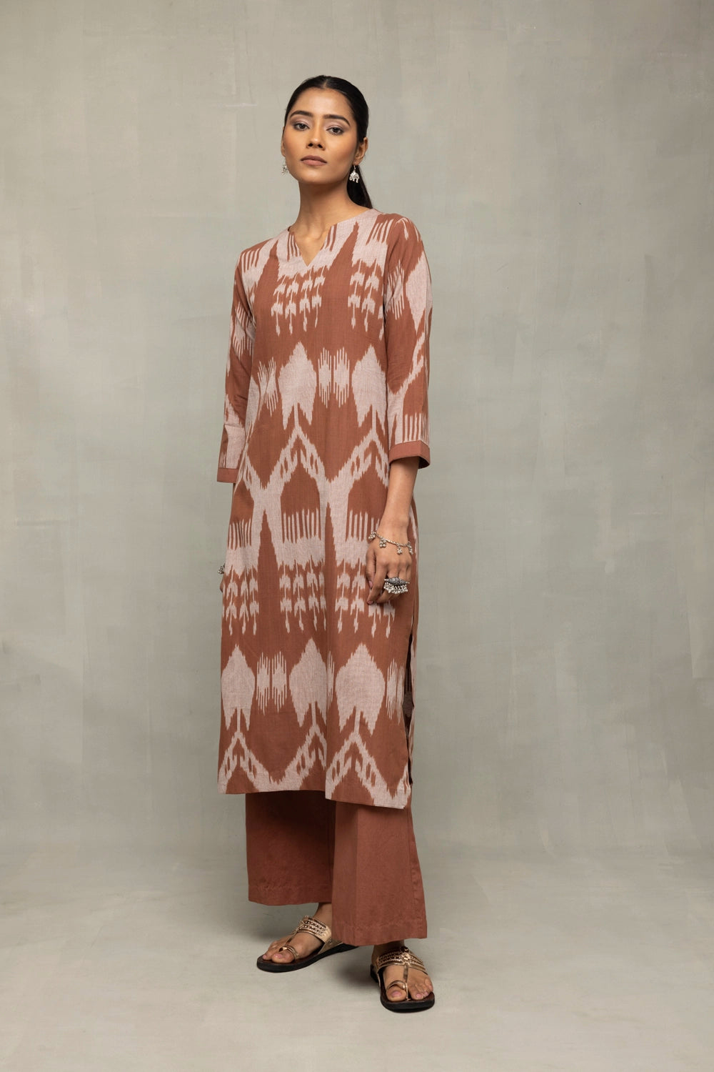 Handwoven Chocolate Brown Abstract Ikkat Co-ord Set with Traditional Pattern