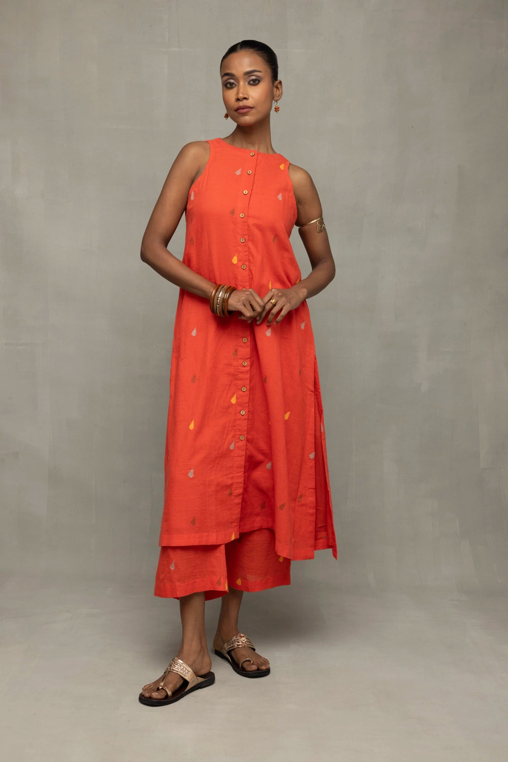 Handwoven Coral Jamdani A-Line Co-ord Set with Traditional Motifs