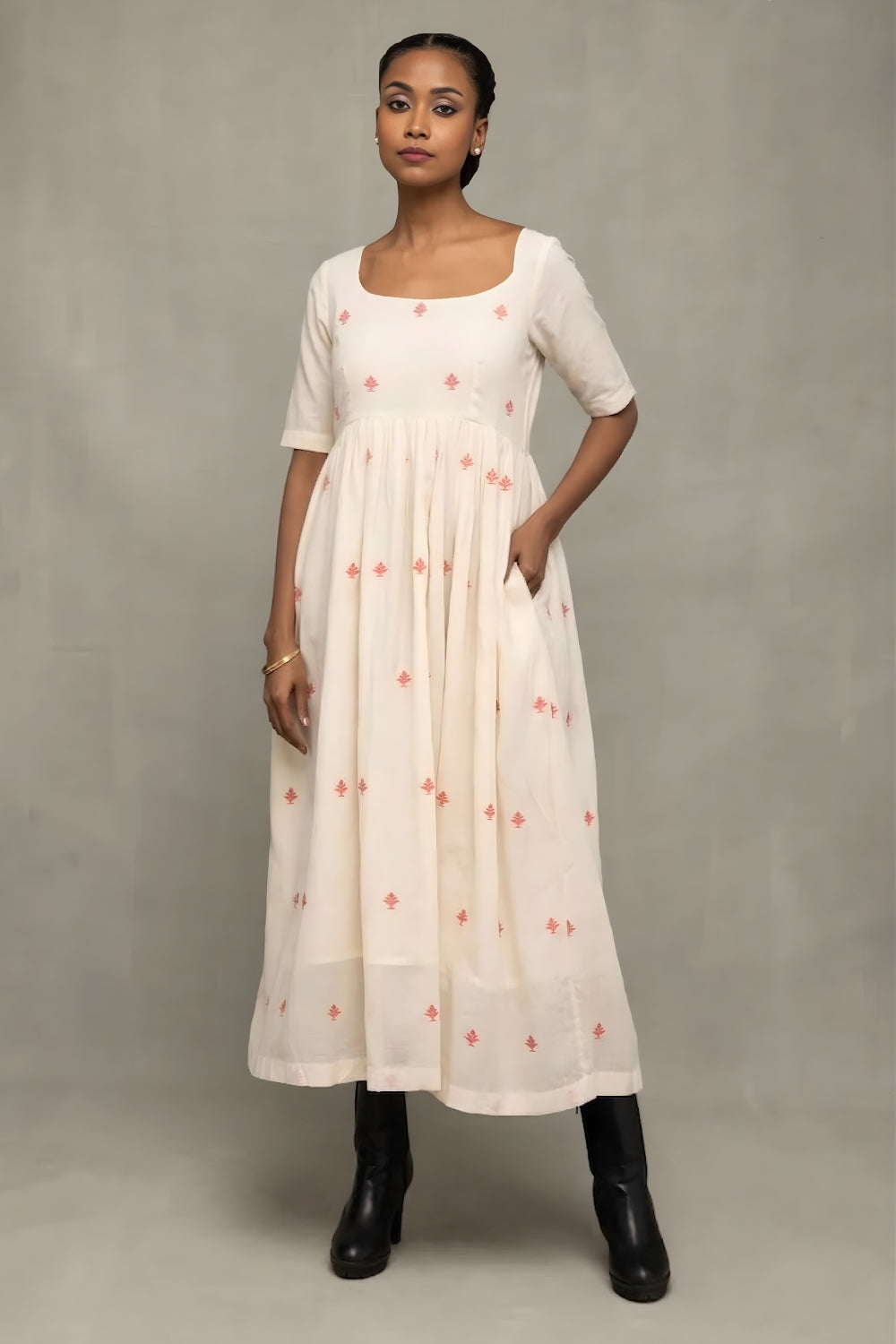 Handwoven Cream and Red Dheki Pure Cotton Jamdani Dress with Traditional Motifs