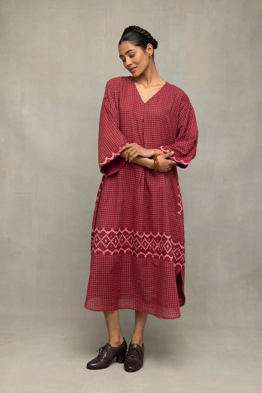 Handwoven Crimson Checkered Jamdani Kaftan Dress with Traditional Motifs
