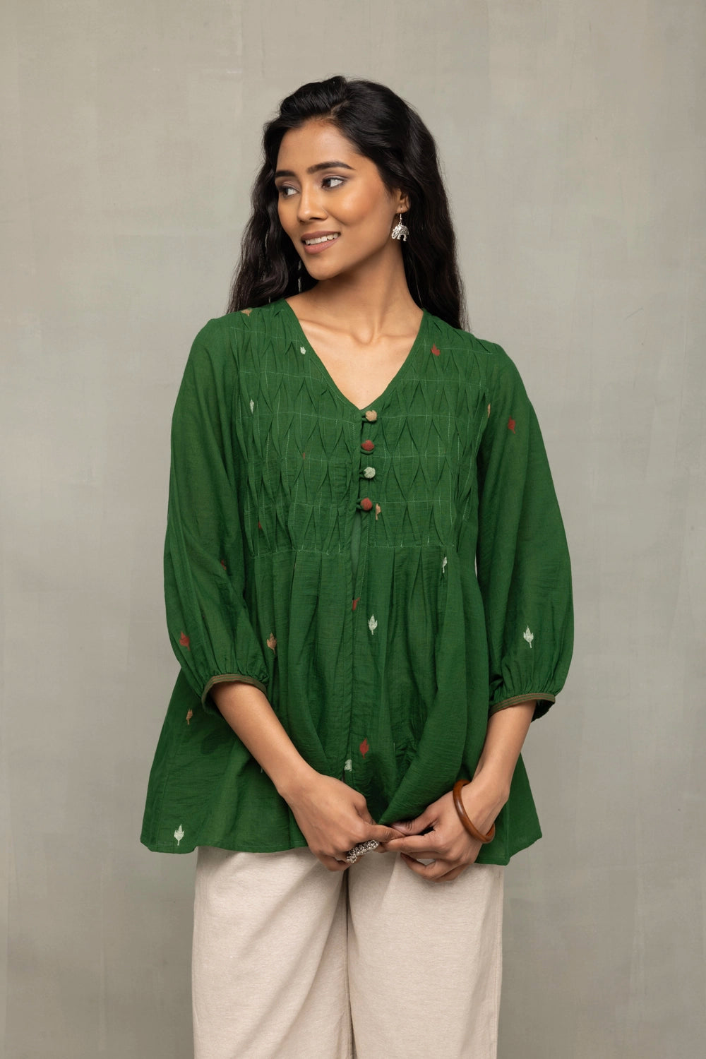 Handwoven Forest Green Jamdani Top for Casual Everyday Wear