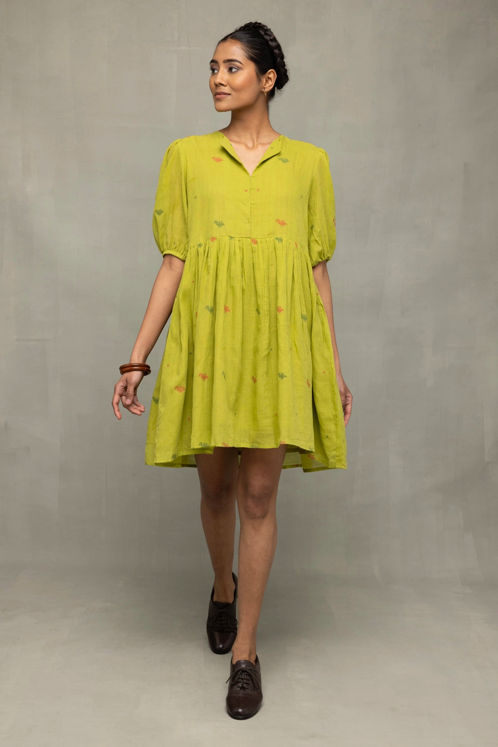 Handwoven Green Pakhi Pure Cotton Jamdani Dress with Traditional Bird Motifs