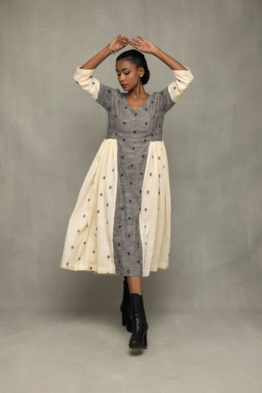 Handwoven Greyscape South Cotton Dress with Traditional Weave