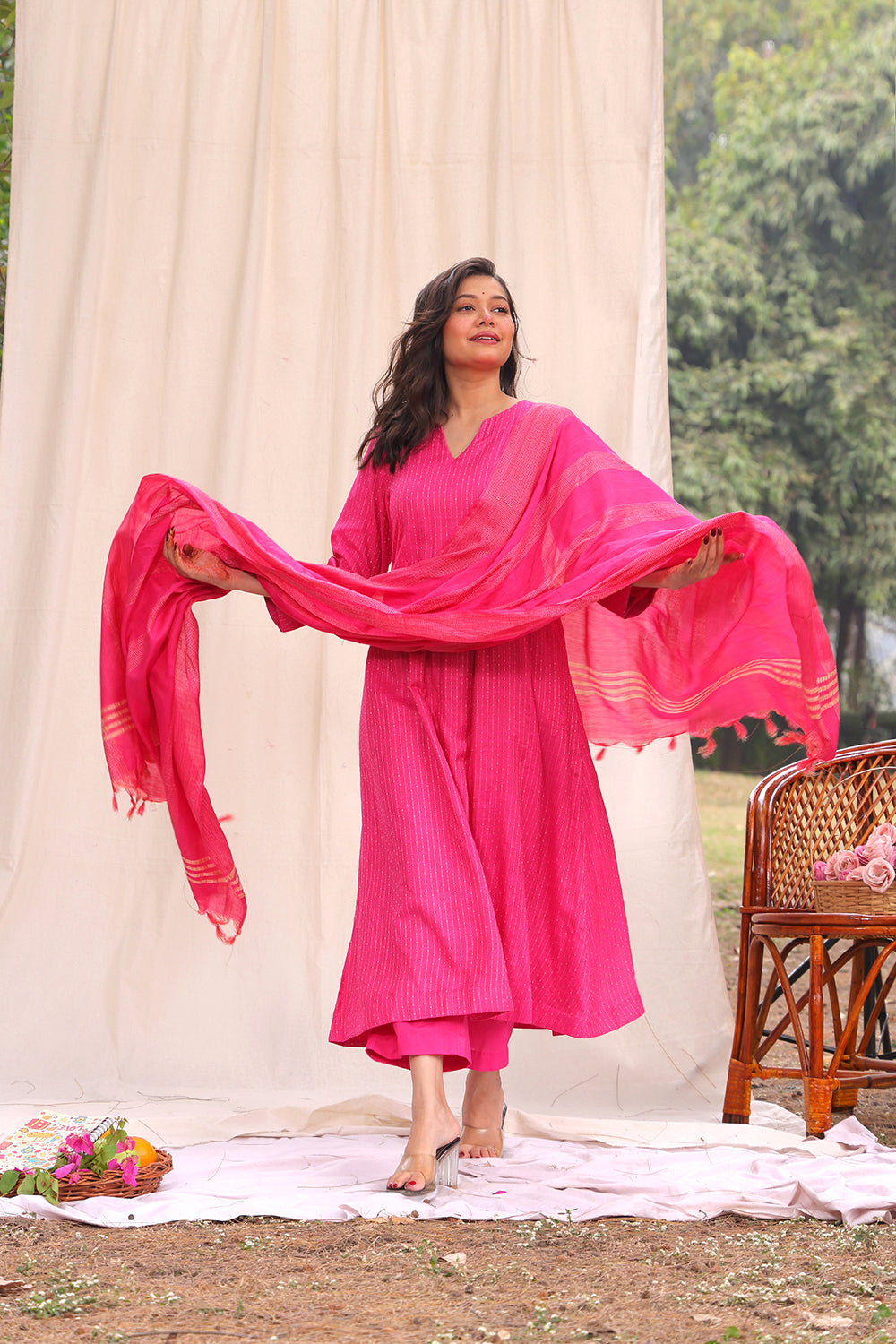 Handwoven Hot Pink Cotton Silk Kurta Set with Traditional Weave and Dupatta