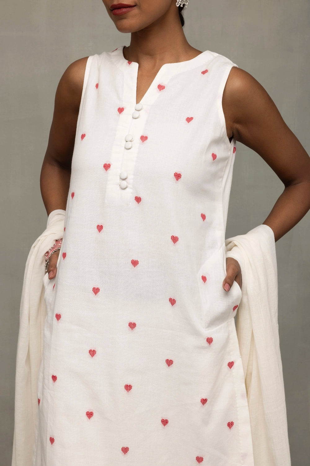 Handwoven Ivory and Red Hearts South Cotton Co-ord Set with Traditional Weave