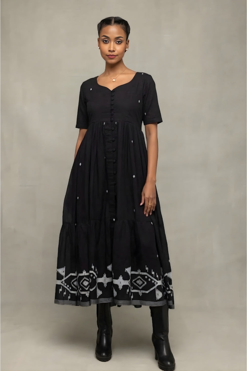 Handwoven Midnight Black Jamdani Tiered Midi Dress with Traditional Motifs