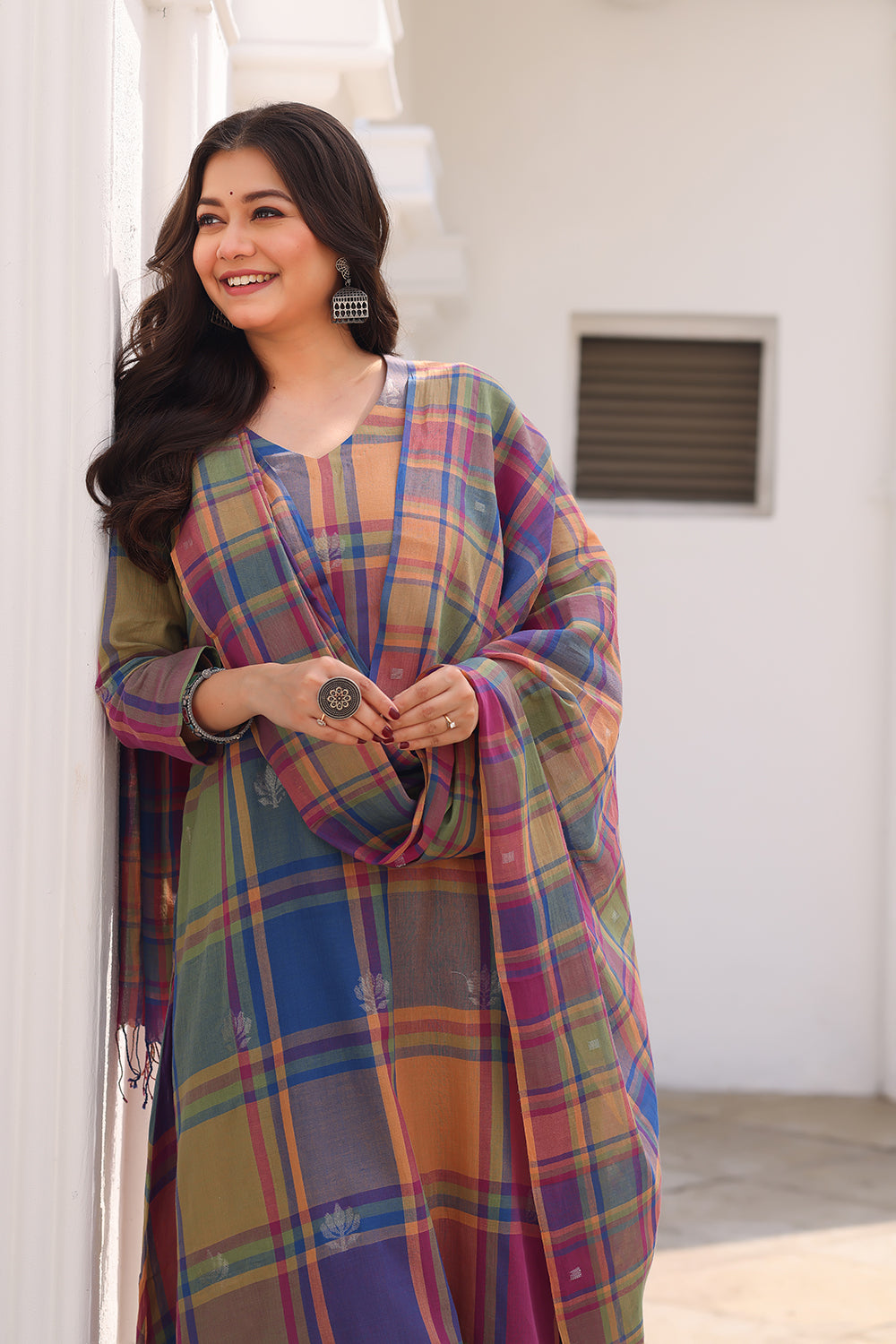 Handwoven Multicolour Jamdani Kurta Set with Traditional Motifs and Dupatta