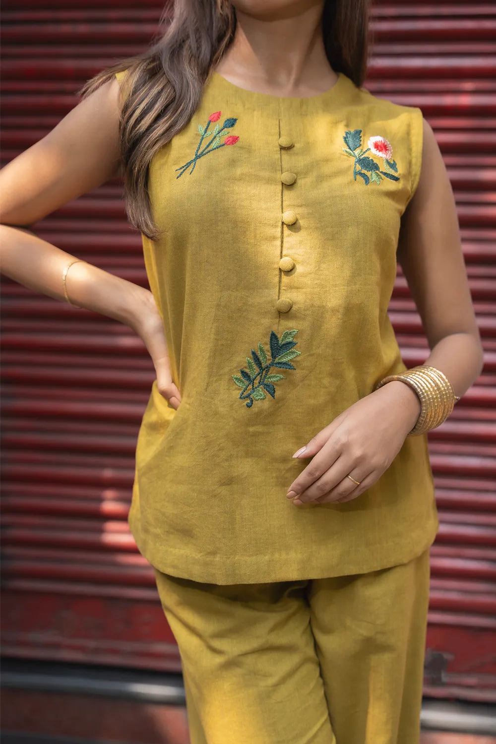 Handwoven Olive Green Khadi Cotton Co-ord Set with Traditional Weave
