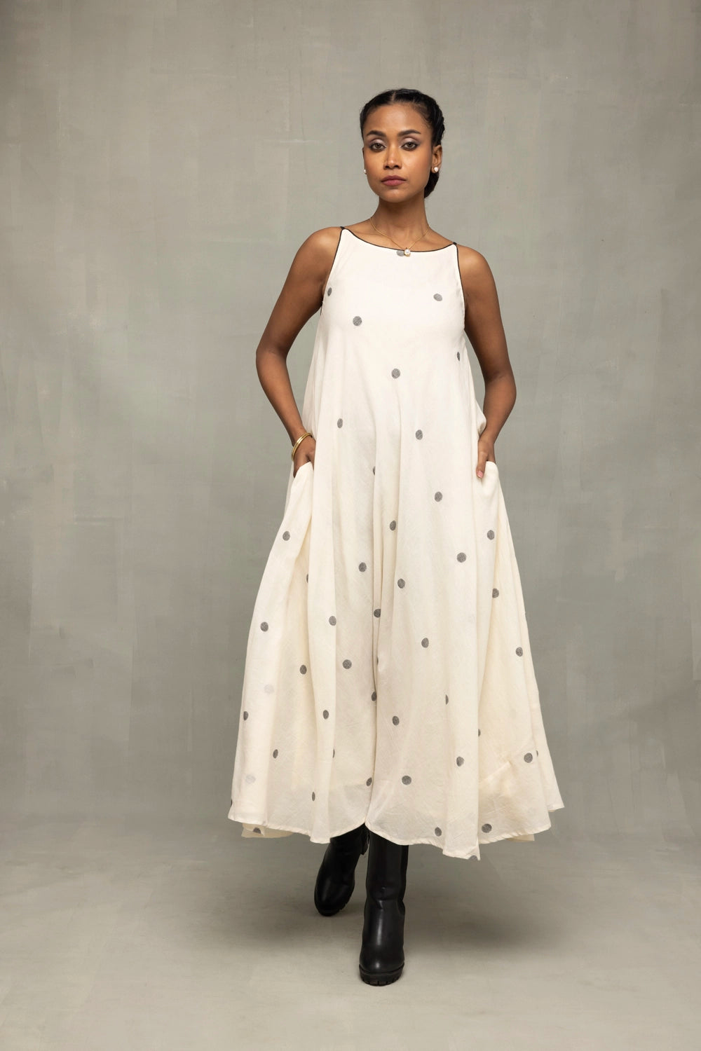 Handwoven Pearl White Trapeze Jamdani Dress with Traditional Motifs