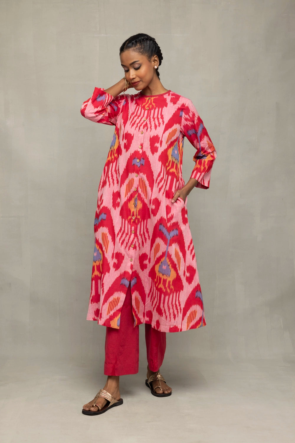 Handwoven Pink Abstract Ikat Co-ord Set with Traditional Pattern
