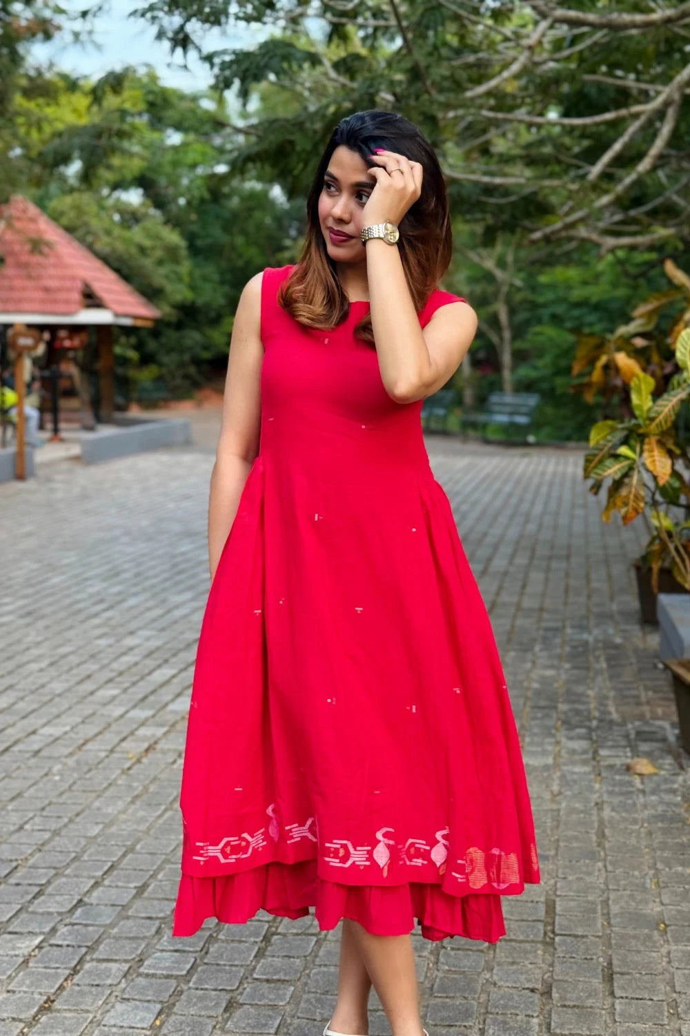 Handwoven Radiance Red Layered Jamdani Dress with Traditional Motifs
