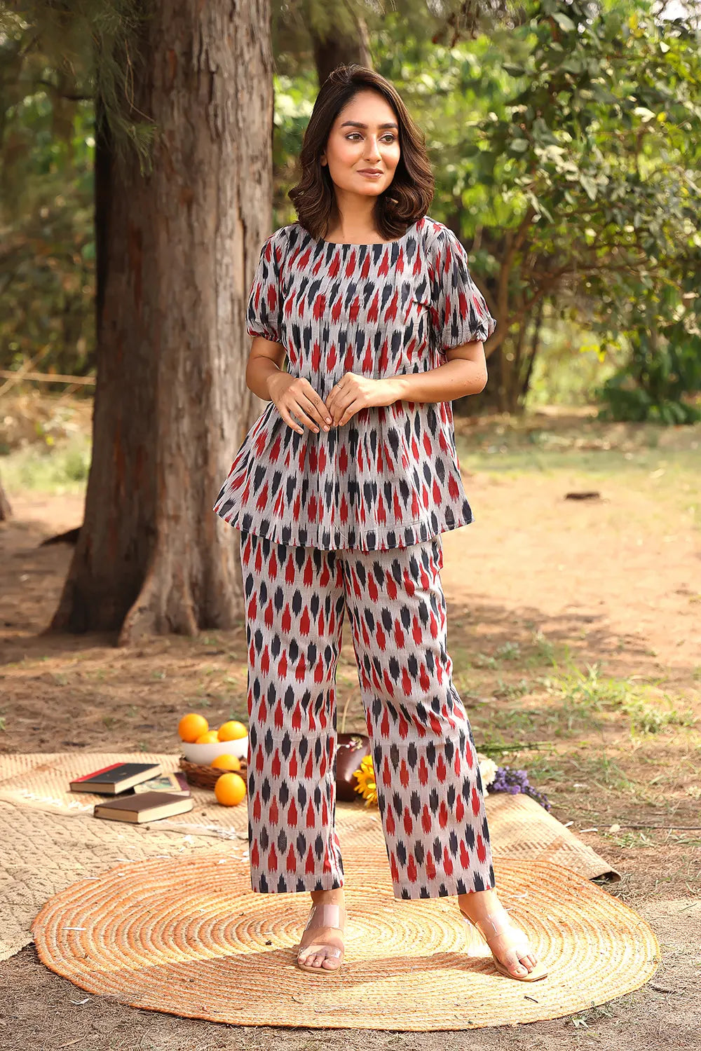 Handwoven Red and Blue Pure Cotton Ikat Co-ord Set with Traditional Pattern