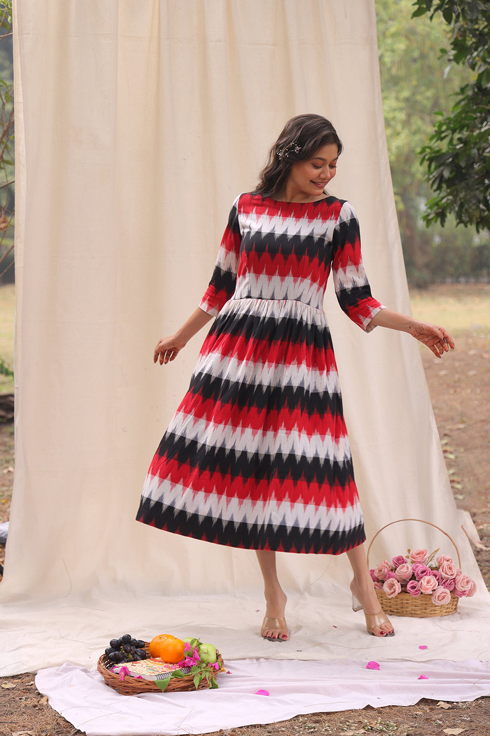 Handwoven Rhythmic Black Ikkat Cotton Dress with Traditional Pattern