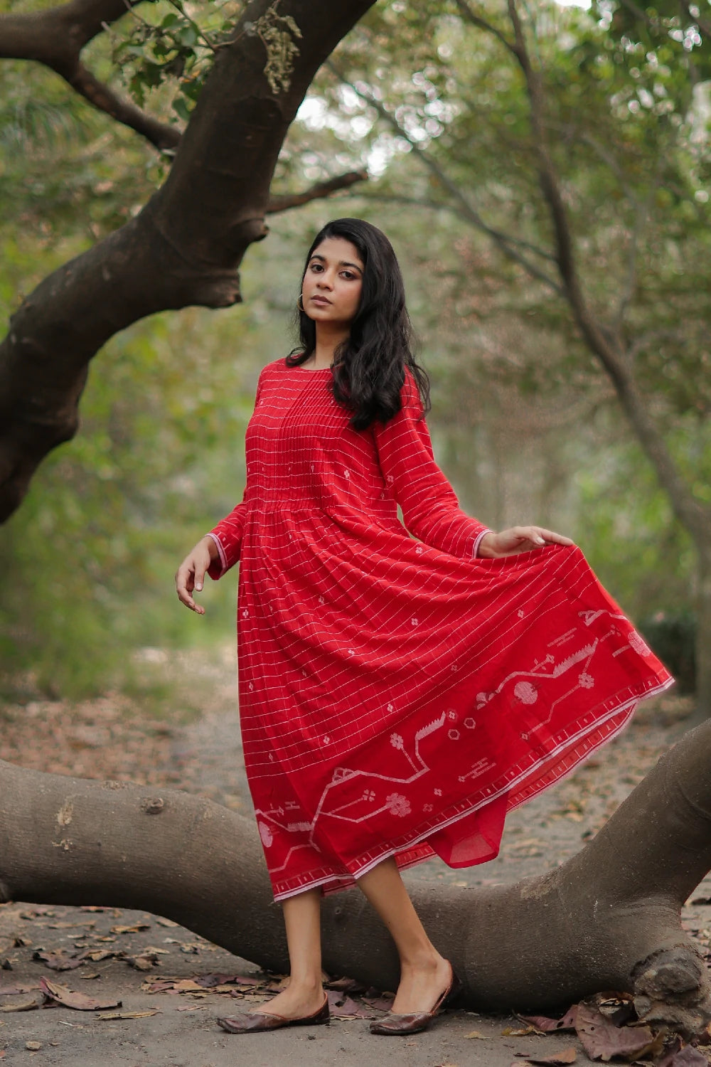 Handwoven Scarlet Red Cotton Jamdani Dress with Traditional Motifs