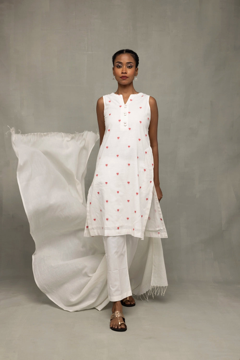 Handwoven White Red Hearts South Cotton Kurta Set with Dupatta