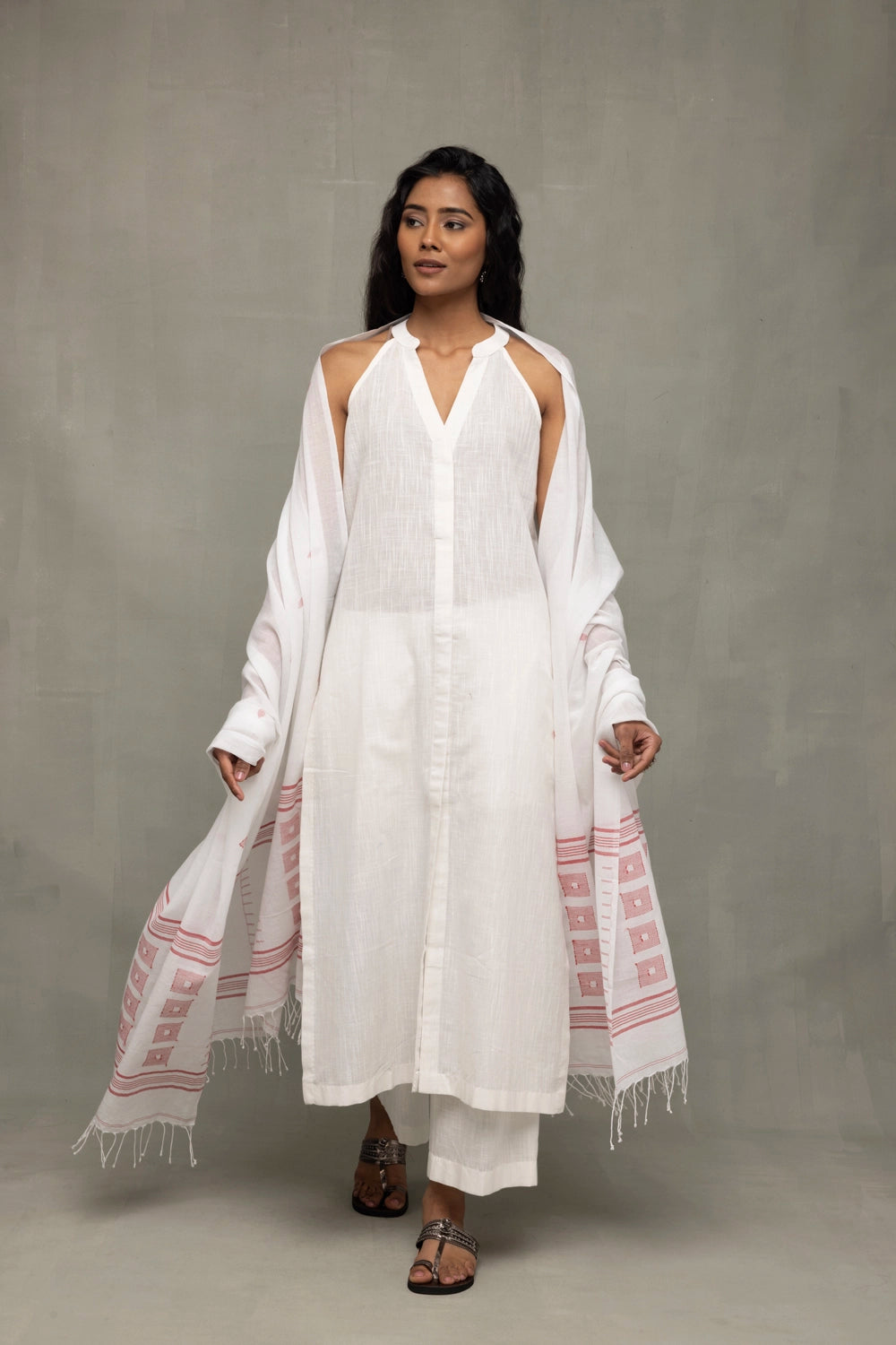 Handwoven White Slub Cotton Kurta Set with Traditional Jamdani Dupatta