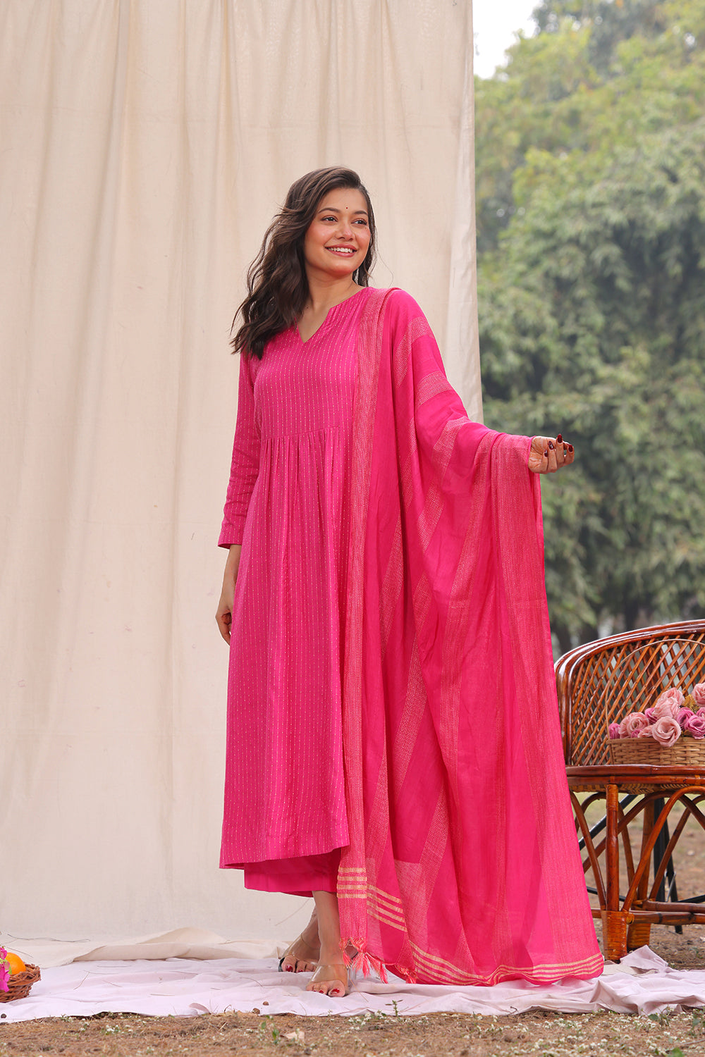 Hot Pink Soft Cotton Silk Woven Kurta Set with Dupatta