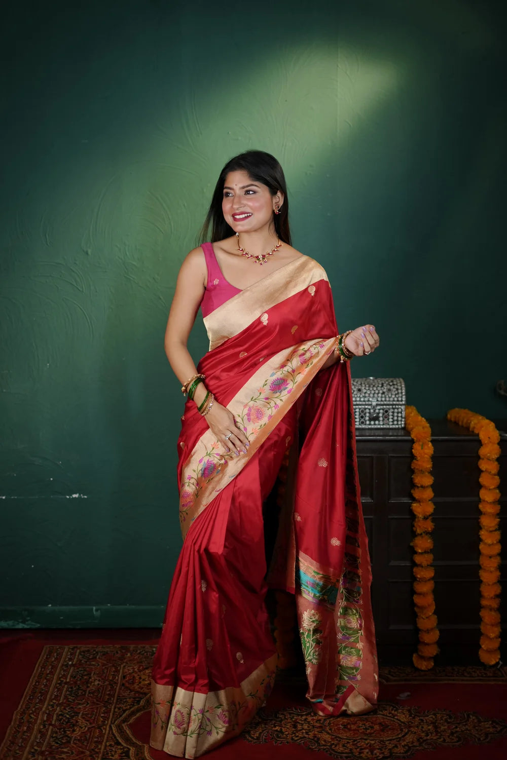 Handloom Red Pure Silk Paithani Banarasi Saree