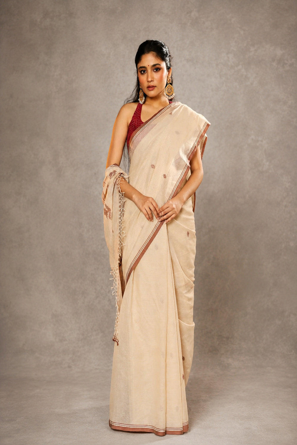 Handloom Beige Pure Cotton Jamdani Saree