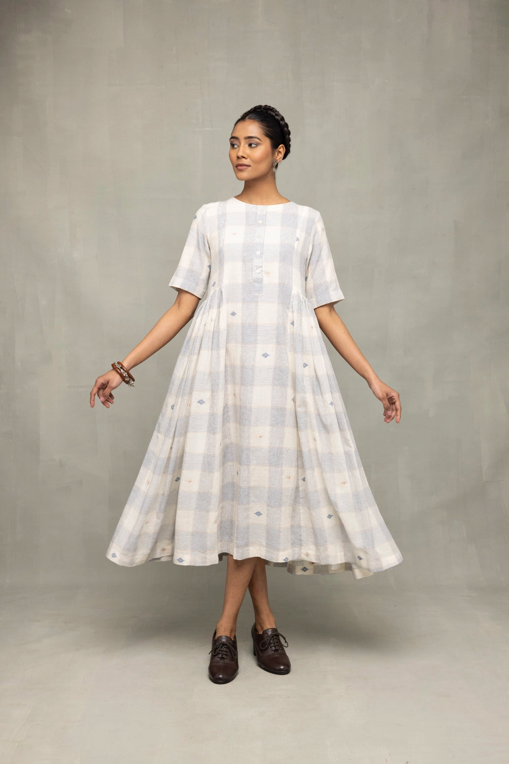 Ivory Blue Checkered Jamdani Dress