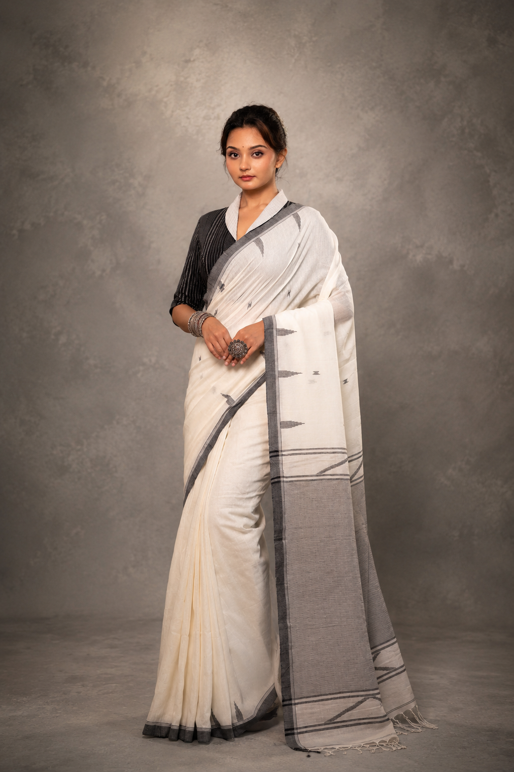 Ivory Jamdani saree front view with intricate woven details