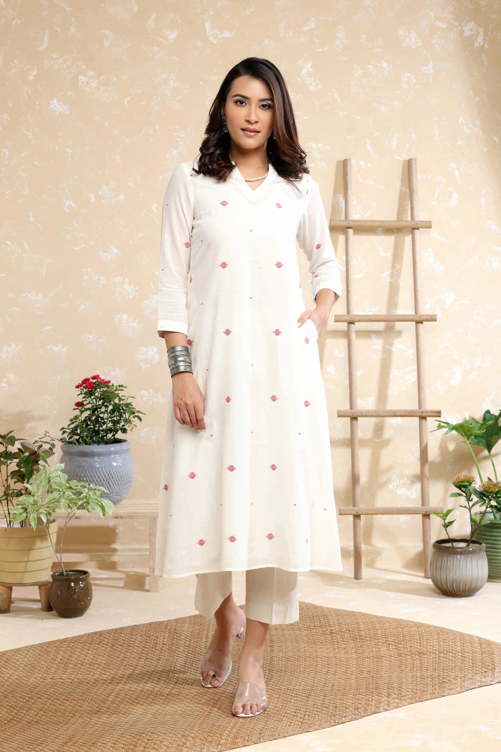 Ivory White Soft Cotton Jamdani Kurta Set for Wedding Guest Wear