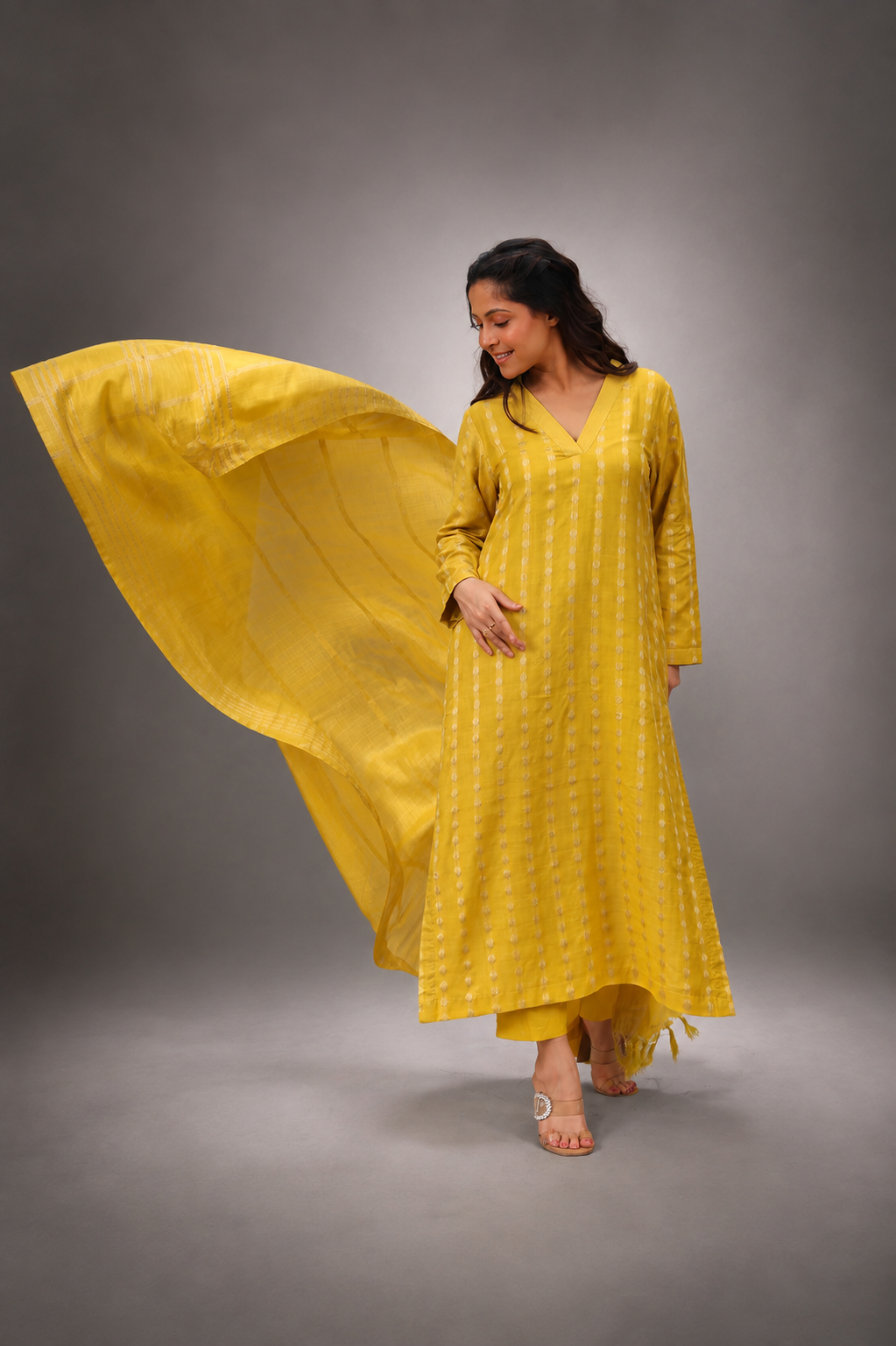 Lemon yellow cotton silk kurta set with dupatta front view