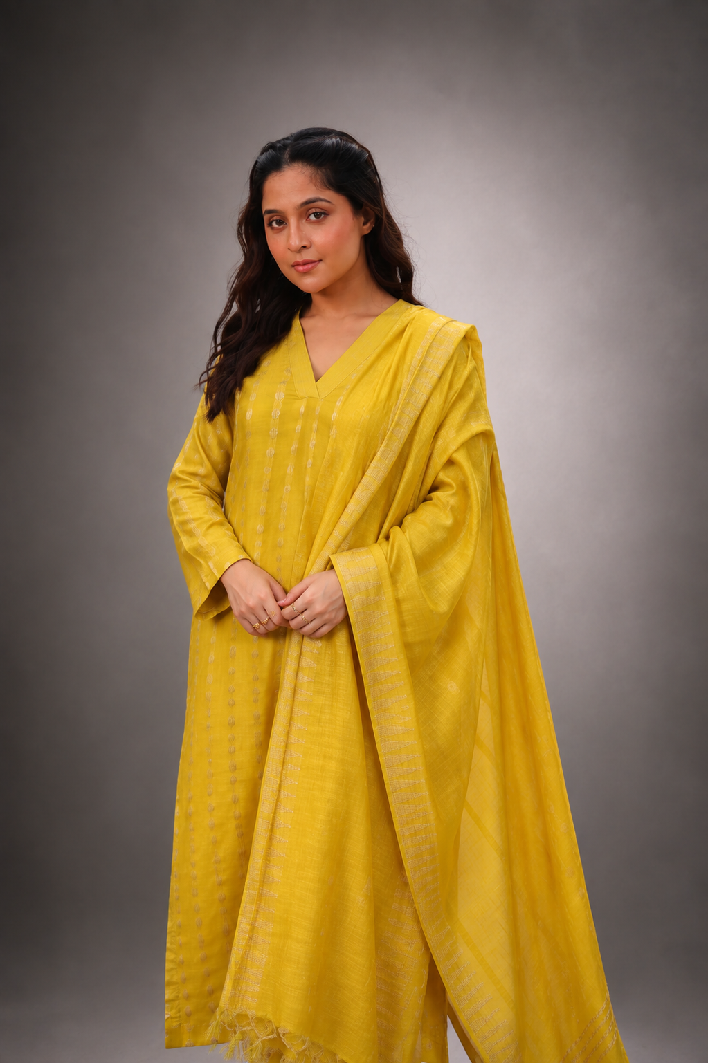 Lemon yellow woven cotton silk kurta set for women