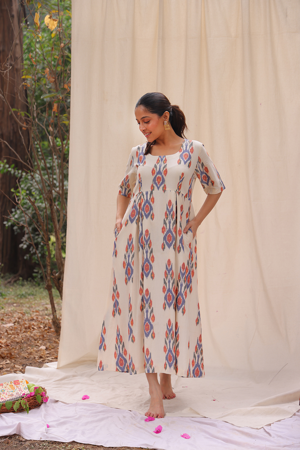 Lightweight Breathable Amber and Cream Ikkat Cotton Dress for Everyday Casual Wear