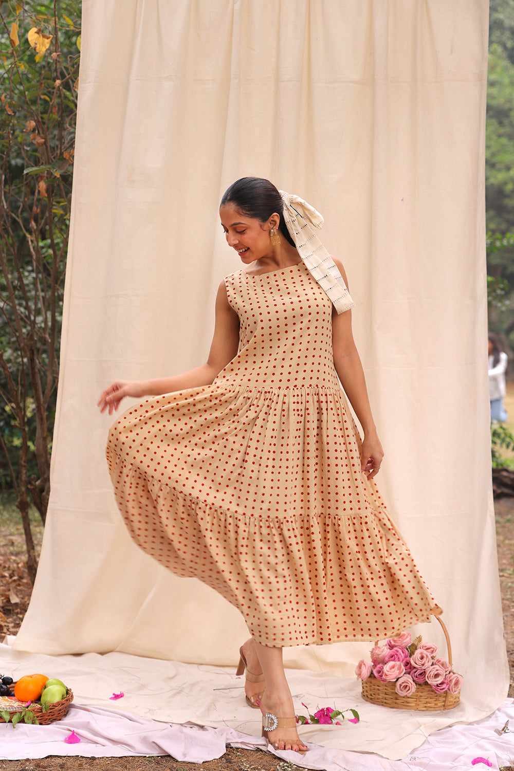 Lightweight Breathable Beige Polka Block Print Cotton Dress for Everyday Wear