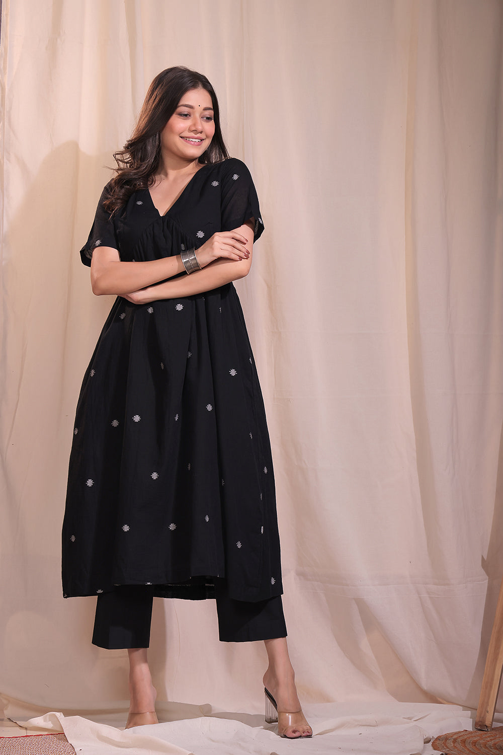 Lightweight Breathable Black Pure Cotton Jamdani Flared Kurta Set for Everyday Wear