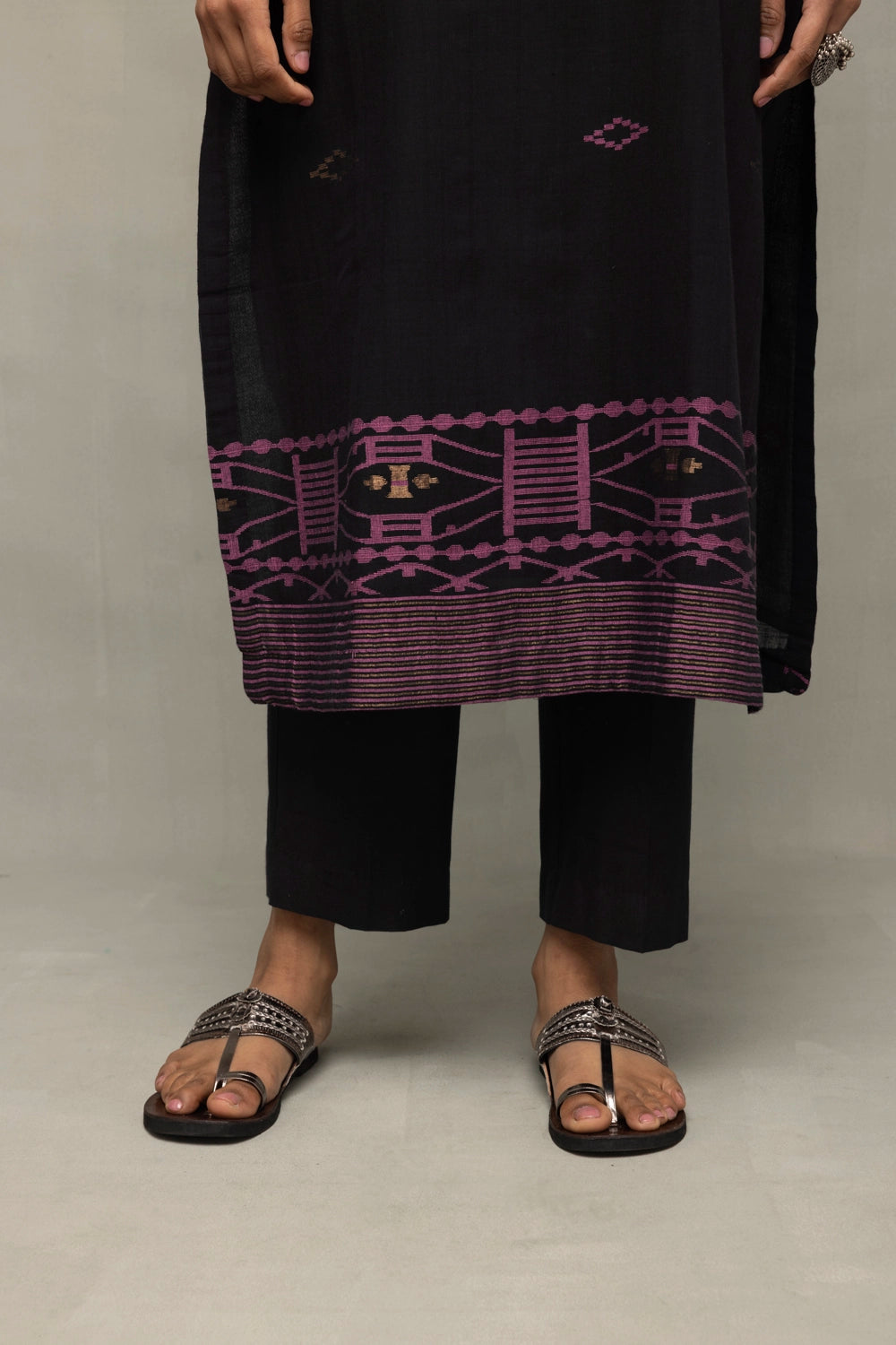 Lightweight Breathable Black Pure Cotton Jamdani Kurta Set with Dupatta