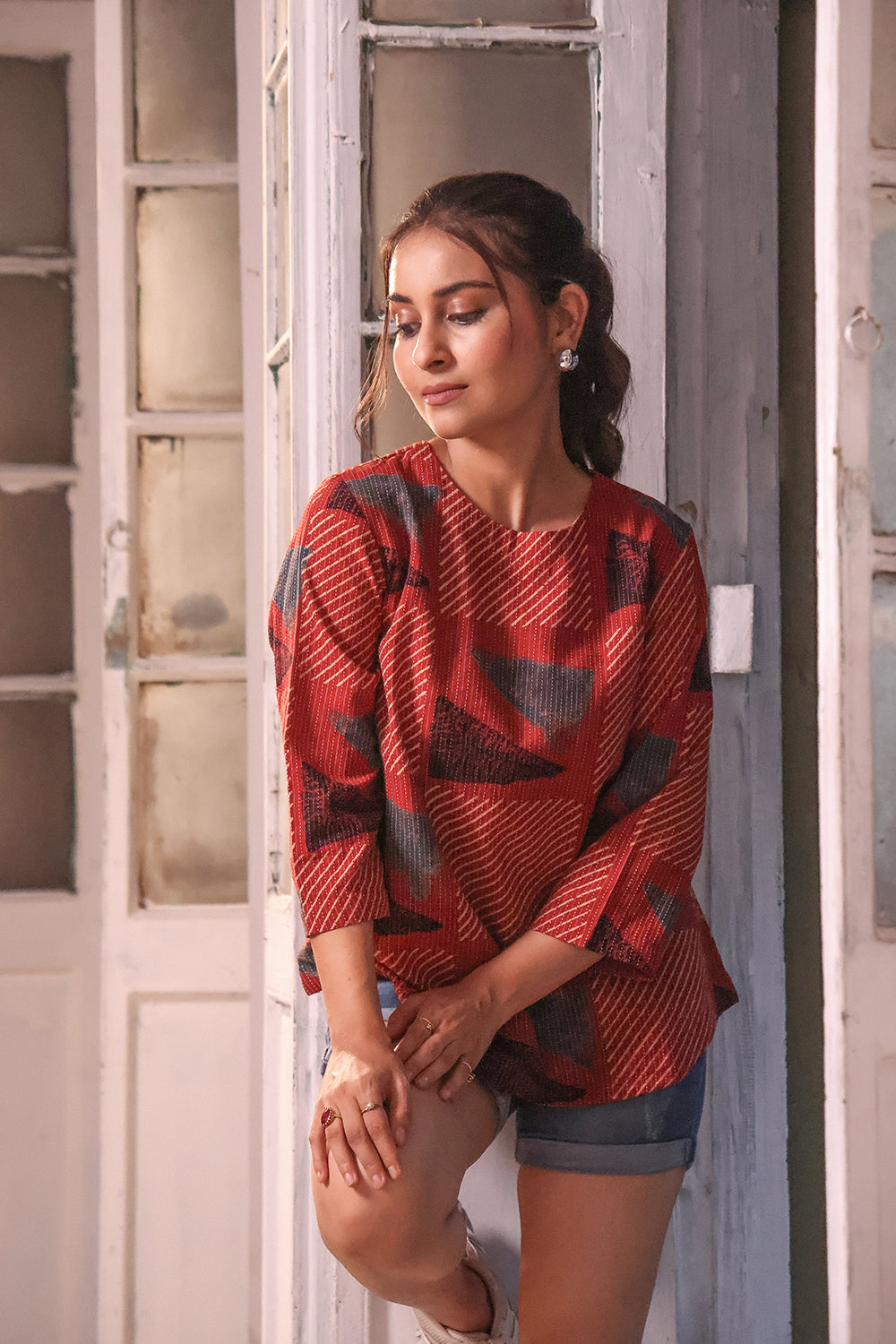 Lightweight Breathable Brick Red Cotton Ajrakh Top for Summer Wear
