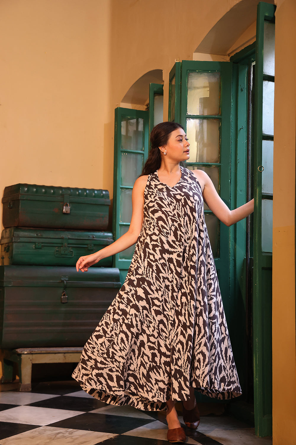 Lightweight Breathable Brown Spotted Maxi Cotton Dress for Everyday Casual Wear