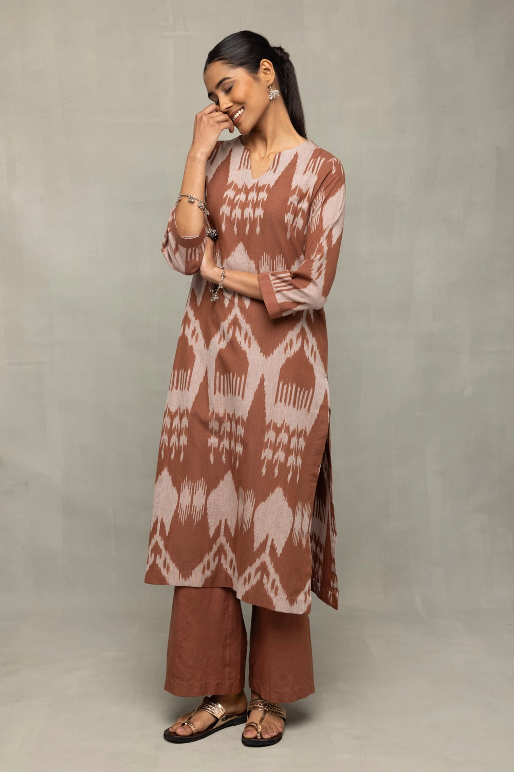 Lightweight Breathable Chocolate Brown Abstract Ikkat Co-ord Set for Everyday Wear