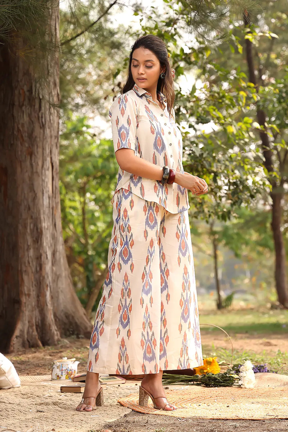 Lightweight Breathable Cream Pure Cotton Ikat Co-ord Set for Everyday Wear