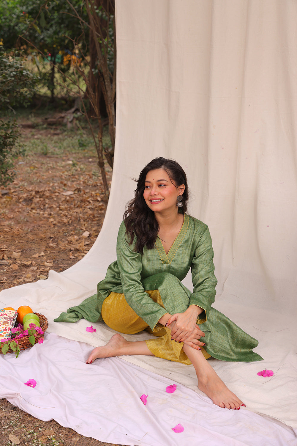 Lightweight Breathable Green and Yellow Khadi Cotton Co-ord Set for Everyday Wear