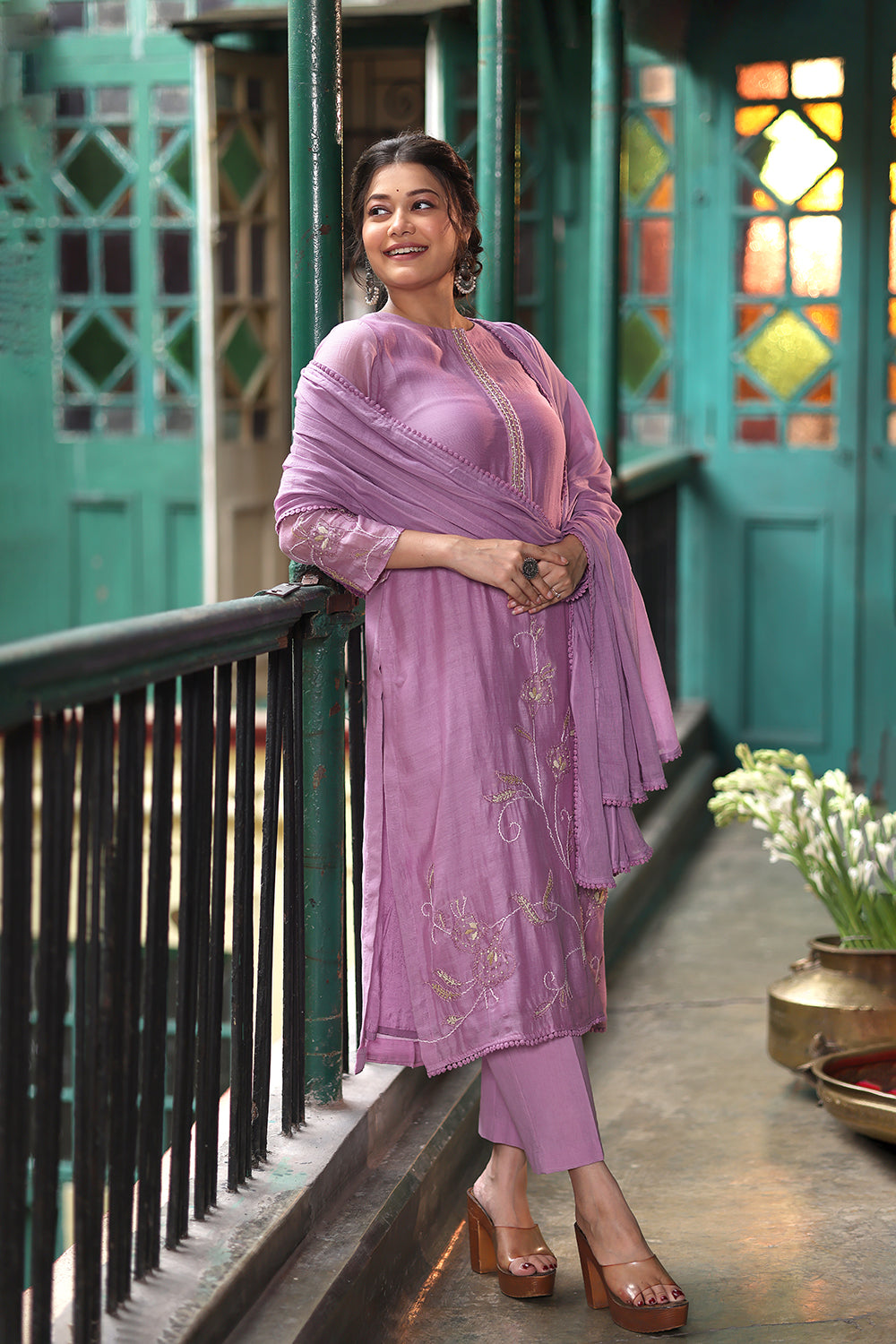 Lightweight Breathable Lavender Mul Chanderi Embroidered Kurta Set for Everyday Wear