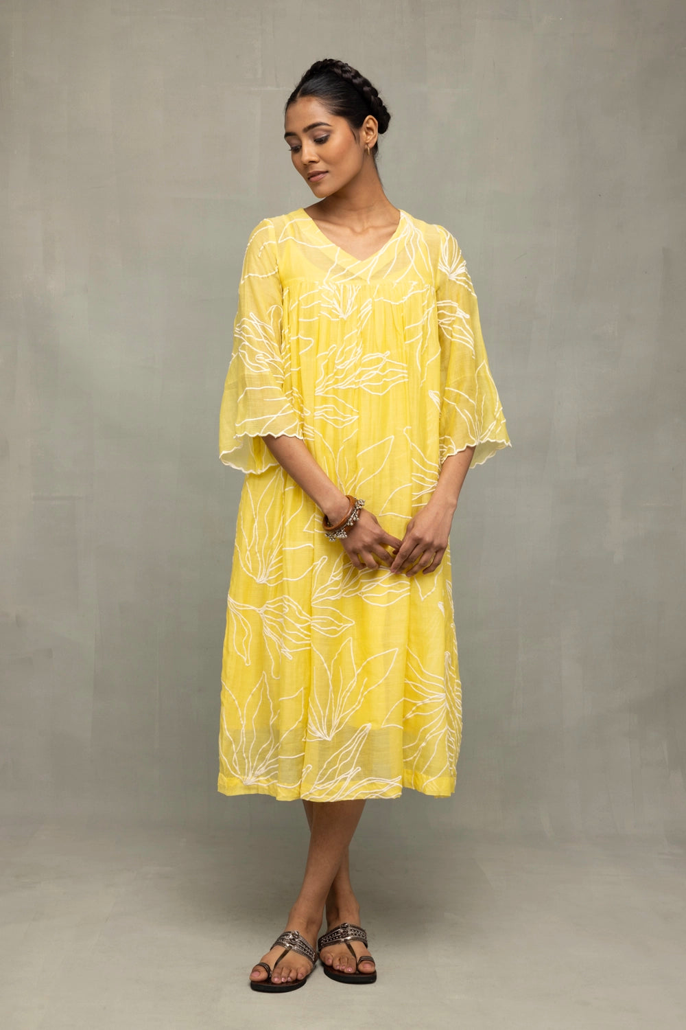 Lightweight Breathable Lemon Mul Chanderi Embroidered Dress for Summer Wear