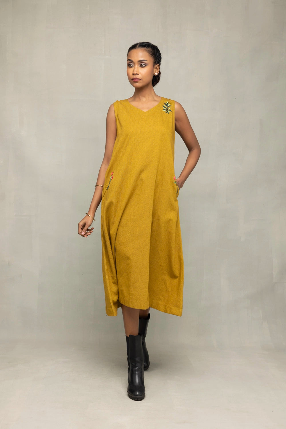 Lightweight Breathable Olive Green Khadi Embroidered Dress for Summer Wear