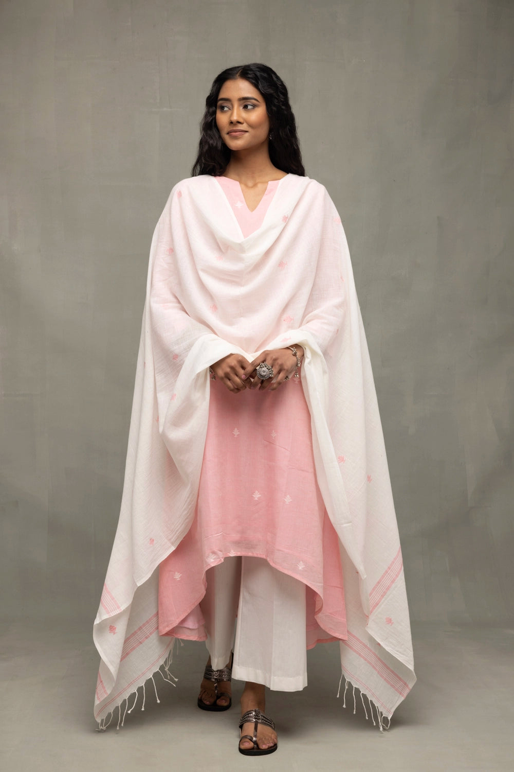 Lightweight Breathable Petal Pink Jamdani Kurta Set with Dupatta for Everyday Wear