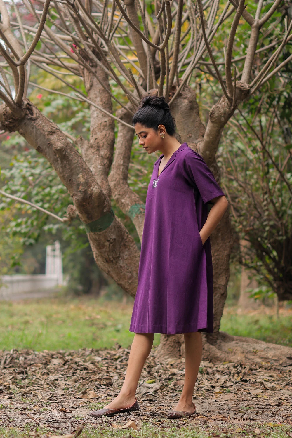Lightweight Breathable Plum Cotton Butterfly Dress for Everyday Casual Wear